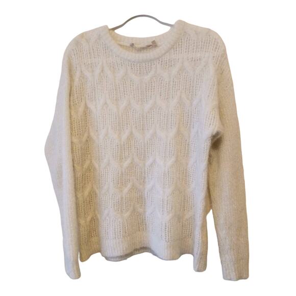 Soft Surroundings Size L Fuzzy Knit Sweater Cream White Metallic Thread Classic - Picture 1 of 11